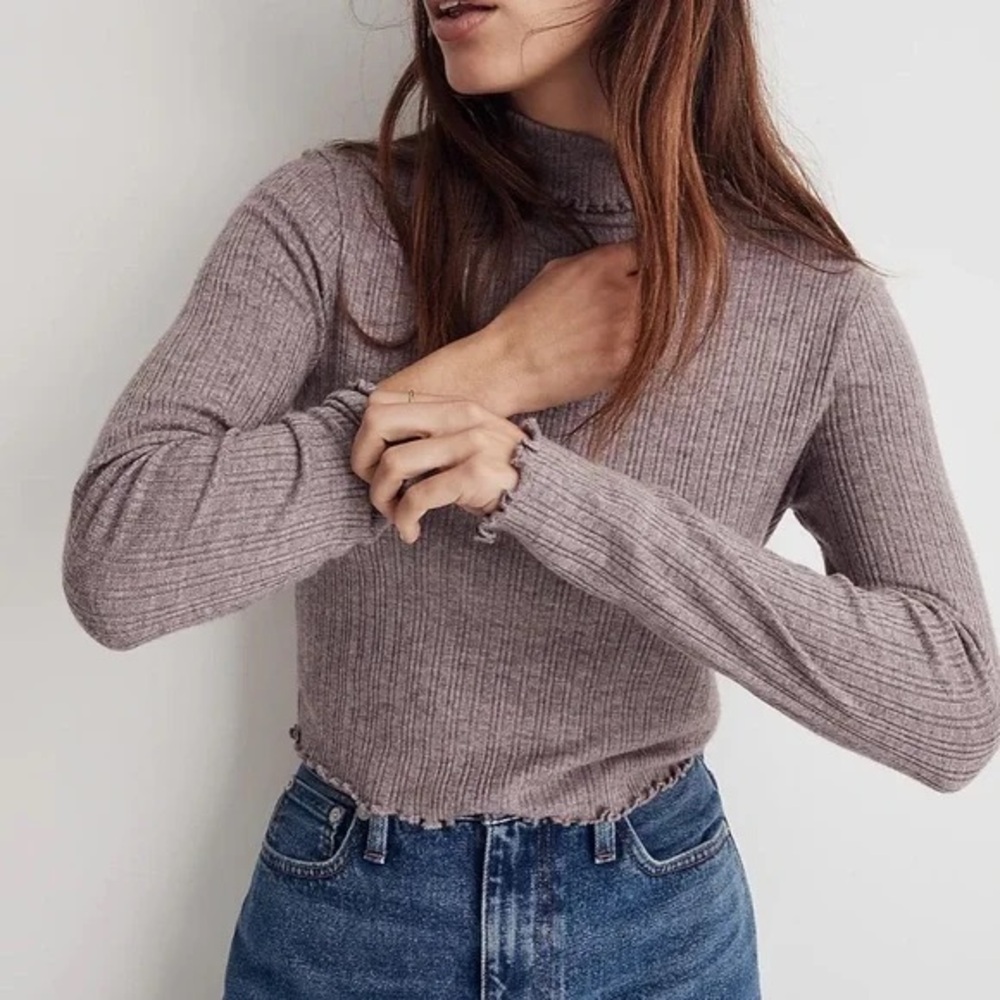madewell rayon turtleneck - gray purple lightweight crop top lettuce hem 
S euc